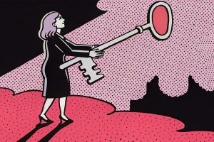 Illustration einer Frau, die einen überdimensionierten Schlüssel trägt