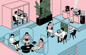 Illustration: ein modernes Büro mit offener Raumgestaltung