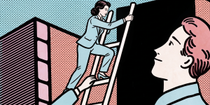Illustration einer Frau, die eine Leiter hochsteigt