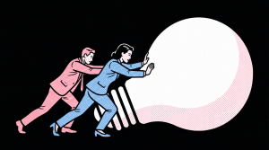 Illustration mit einer Frau und einem Mann , die eine Glühbirne von sich weg schieben - sie verantworten die Idee gemeinsam
