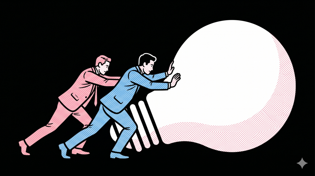 Illustration mit zwei Männern, die eien Glühbirne von sich weg schieben - sie verantworten die Idee gemeinsam