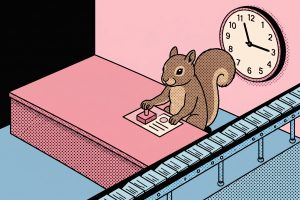 Illustration: Ein Eichhörnchen sitzt am Drücker eines Fließbands