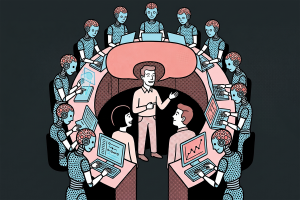 Illustration mit vielen Agenten an einem Tisch, gesteuert von einem Menschen in der Mitte
