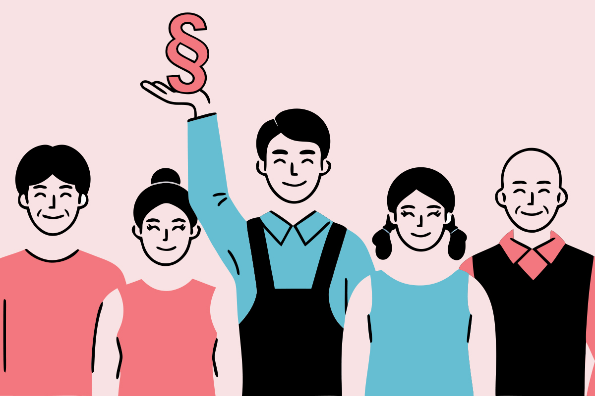Illustration: Eine Gruppe Beschäftigter, in deren Mitte eine Person ein Paragraphenzeichen in der Hand hält – Sinnbild für die gesetzlich verankerten Rechte des Betriebsrats