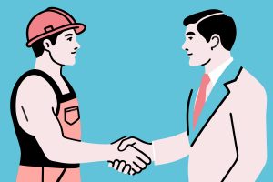 Illustration: Ein Beschäftigter im Blaumann schüttelt einem Anzugträger die Hand, Sinnbild für das Gespräch des Betriebsrats mit der Geschäftsführung über externe Berater