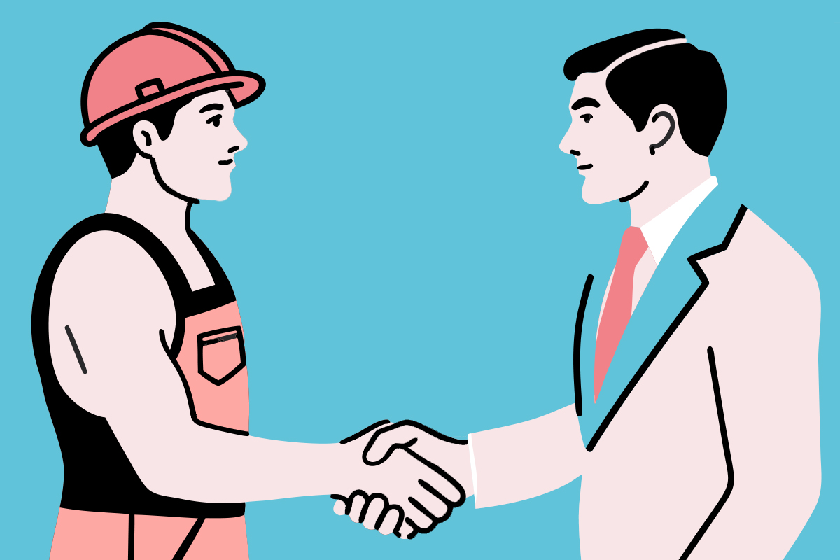 Illustration: Ein Beschäftigter im Blaumann schüttelt einem Anzugträger die Hand, Sinnbild für das Gespräch des Betriebsrats mit der Geschäftsführung über externe Berater