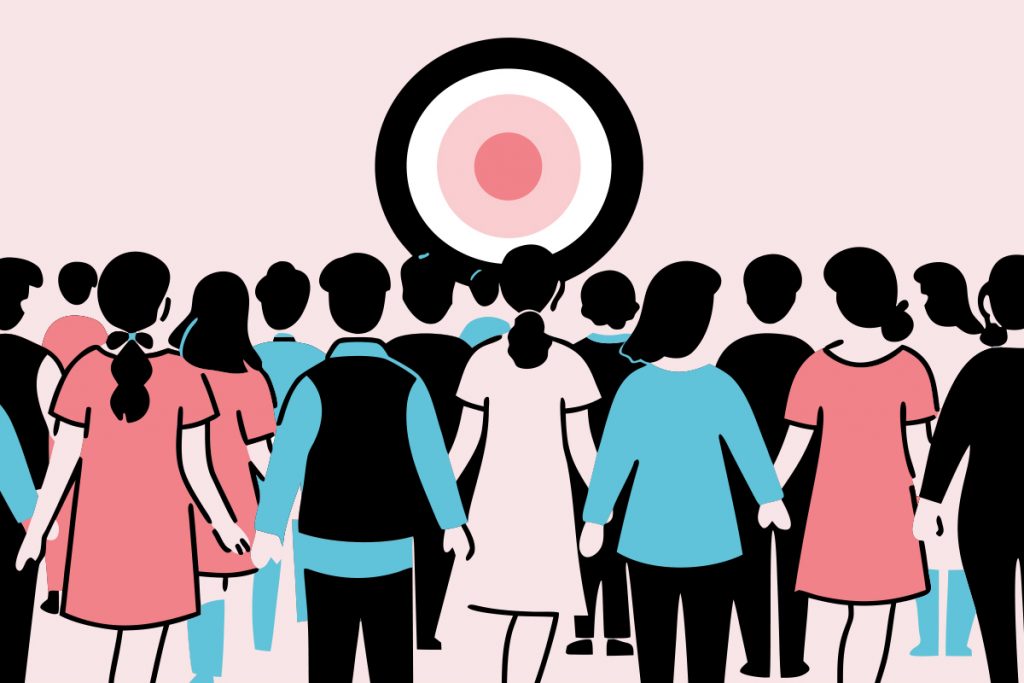 Illustration: Eine Menschengruppe blickt von hinten auf ein Zielscheiben-Symbol – Sinnbild für gemeinsam entwickelte neue Ziele und Geschäftsmodelle im Team