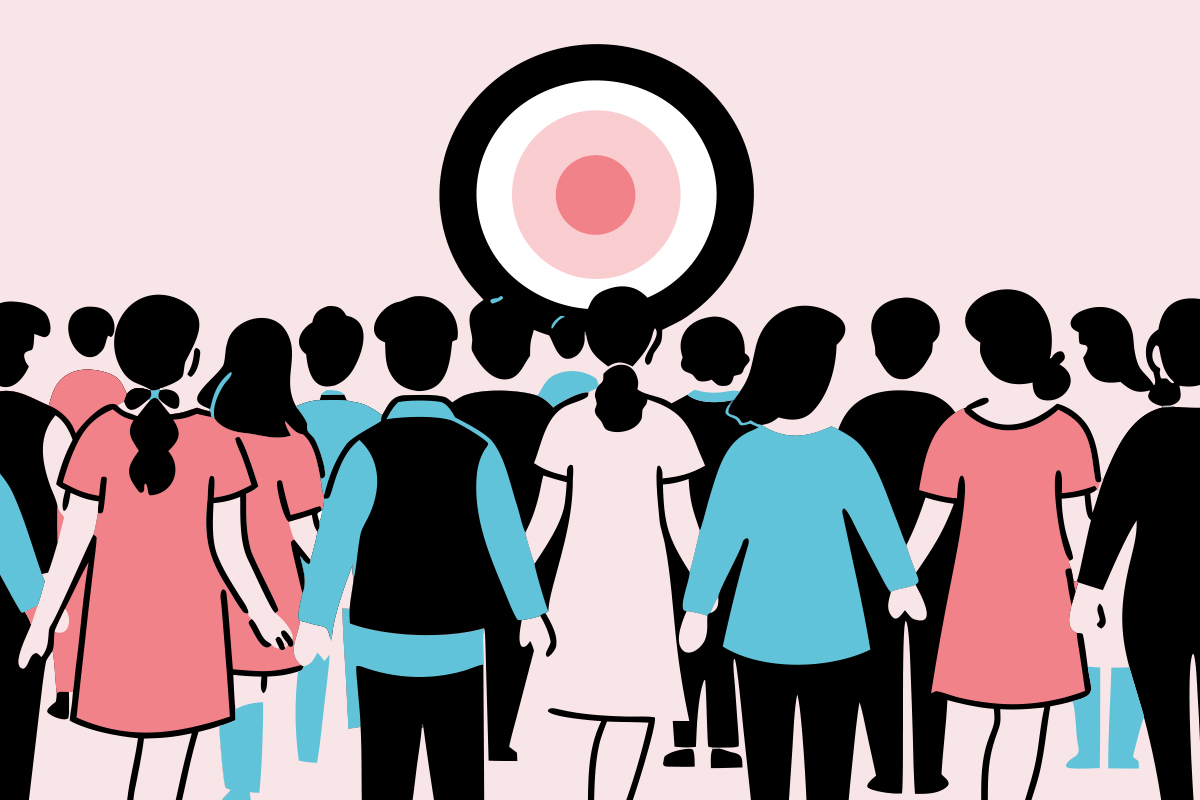 Illustration: Eine Menschengruppe blickt von hinten auf ein Zielscheiben-Symbol – Sinnbild für gemeinsam entwickelte neue Ziele und Geschäftsmodelle im Team