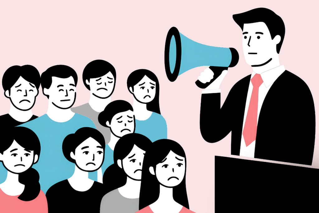 Illustration: Ein Mann im Anzug spricht am Rednerpult durch ein Megafon zu einer Gruppe bedrückt wirkender Beschäftigter