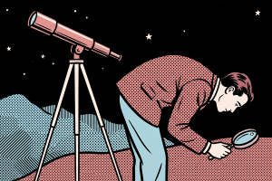 Illustration: Ein Mann sucht mit der Lupe den Boden ab, neben ihm steht ein Teleskop unter dem Sternenhimmel