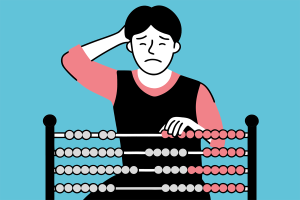 Illustration: Eine Person am Abakus kratzt sich ratlos am Kopf, weil die Rechnung zu Personalabbau-Kosten nicht aufgeht